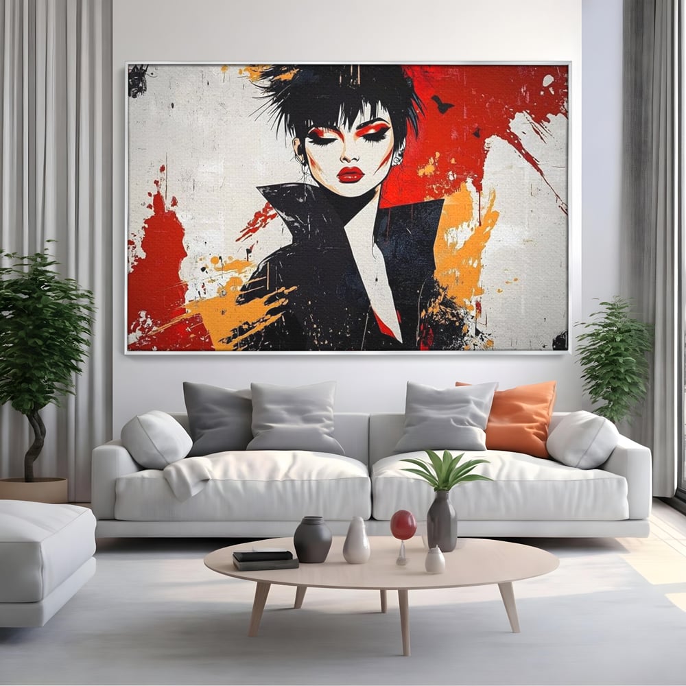 Tablou canvas cu ilustratie digitala cu portret de femeie in stil punk, in rama de aluminiu argintiu, pe perete intr-un living